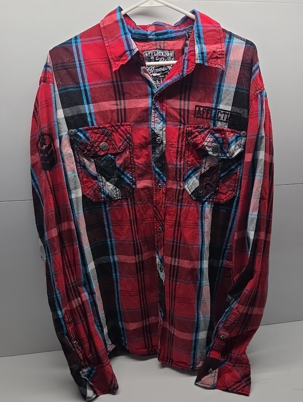 Affliction Red Plaid Button-Down Shirt with Blue Accents